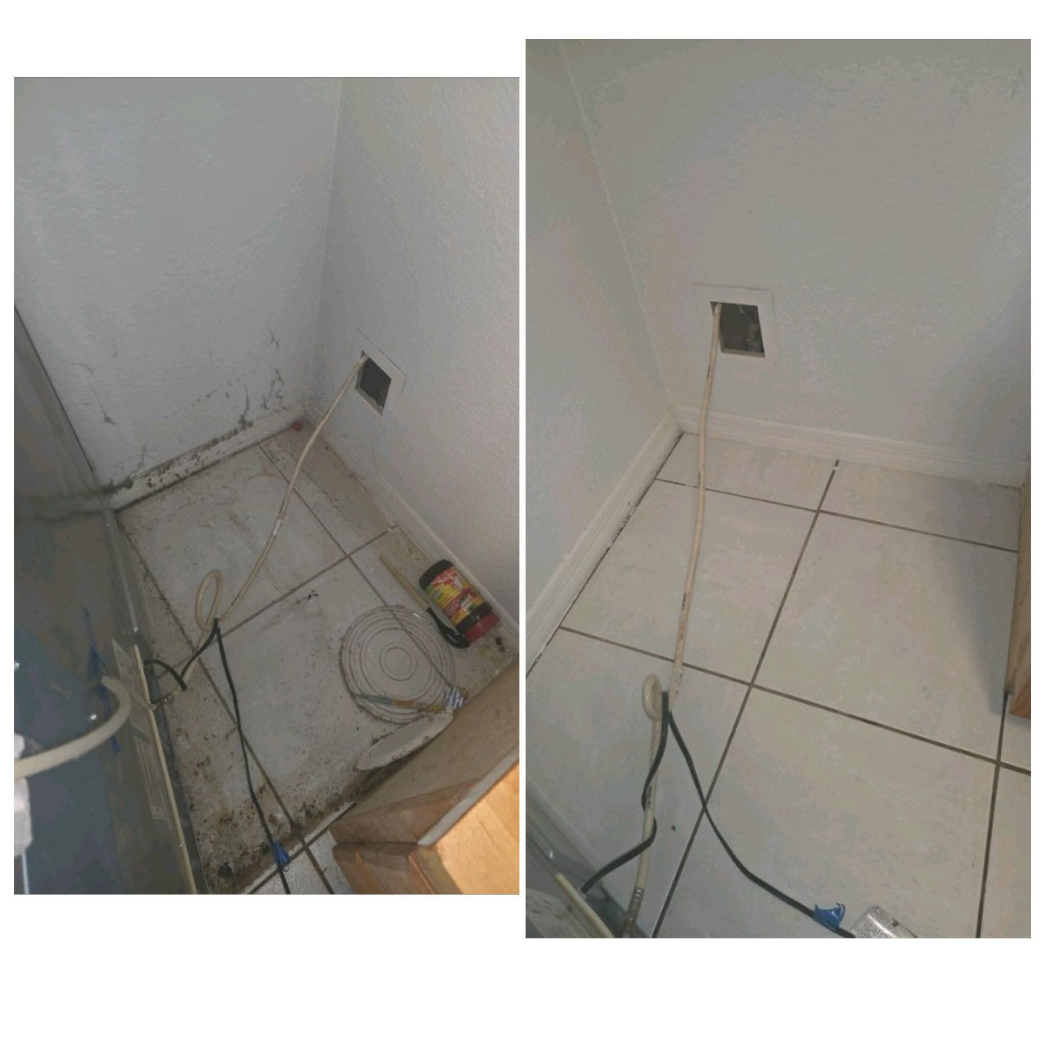 Before and after of a grimy corner cleaned bright white