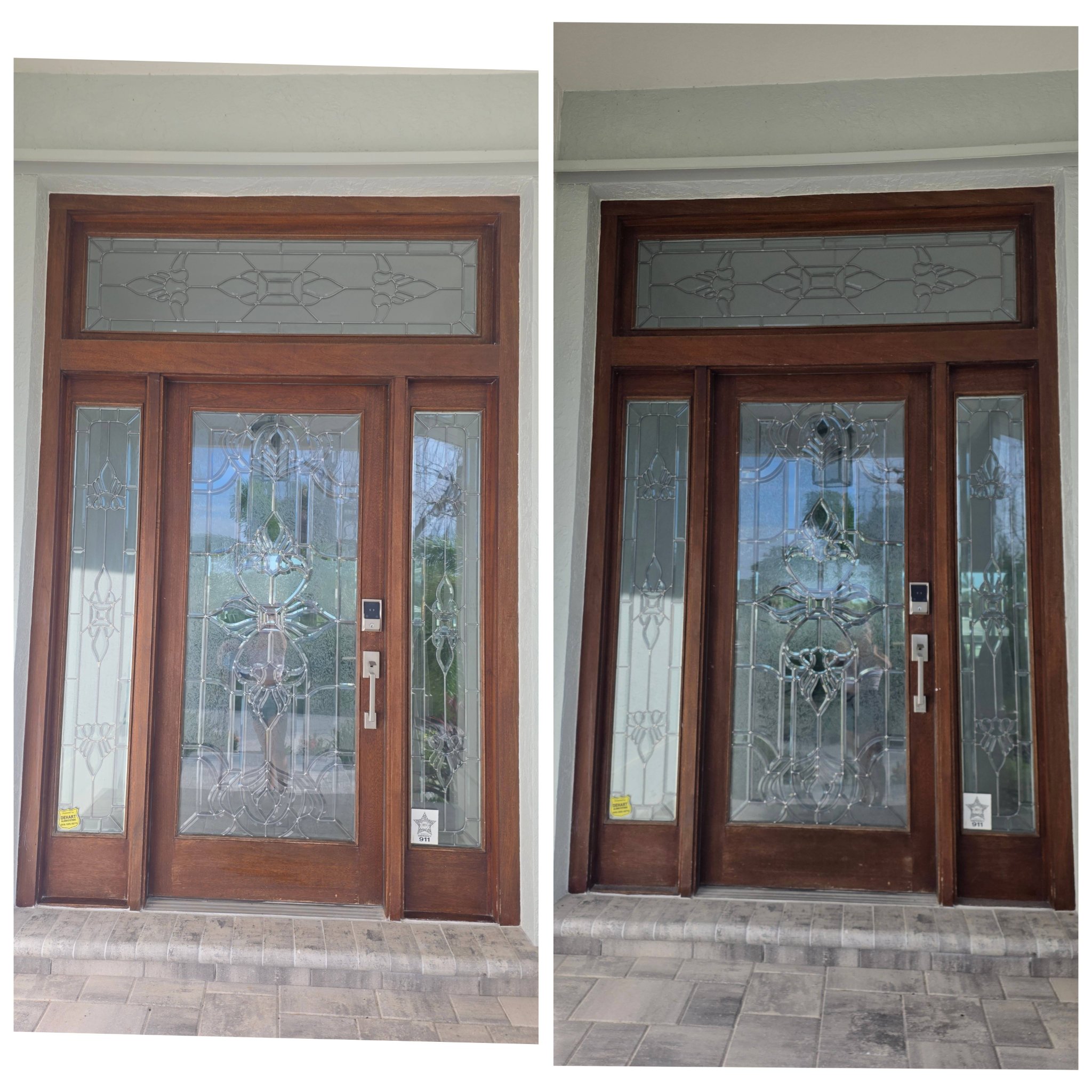 Before and after of ornate glass entry doors, cleaned to a shine