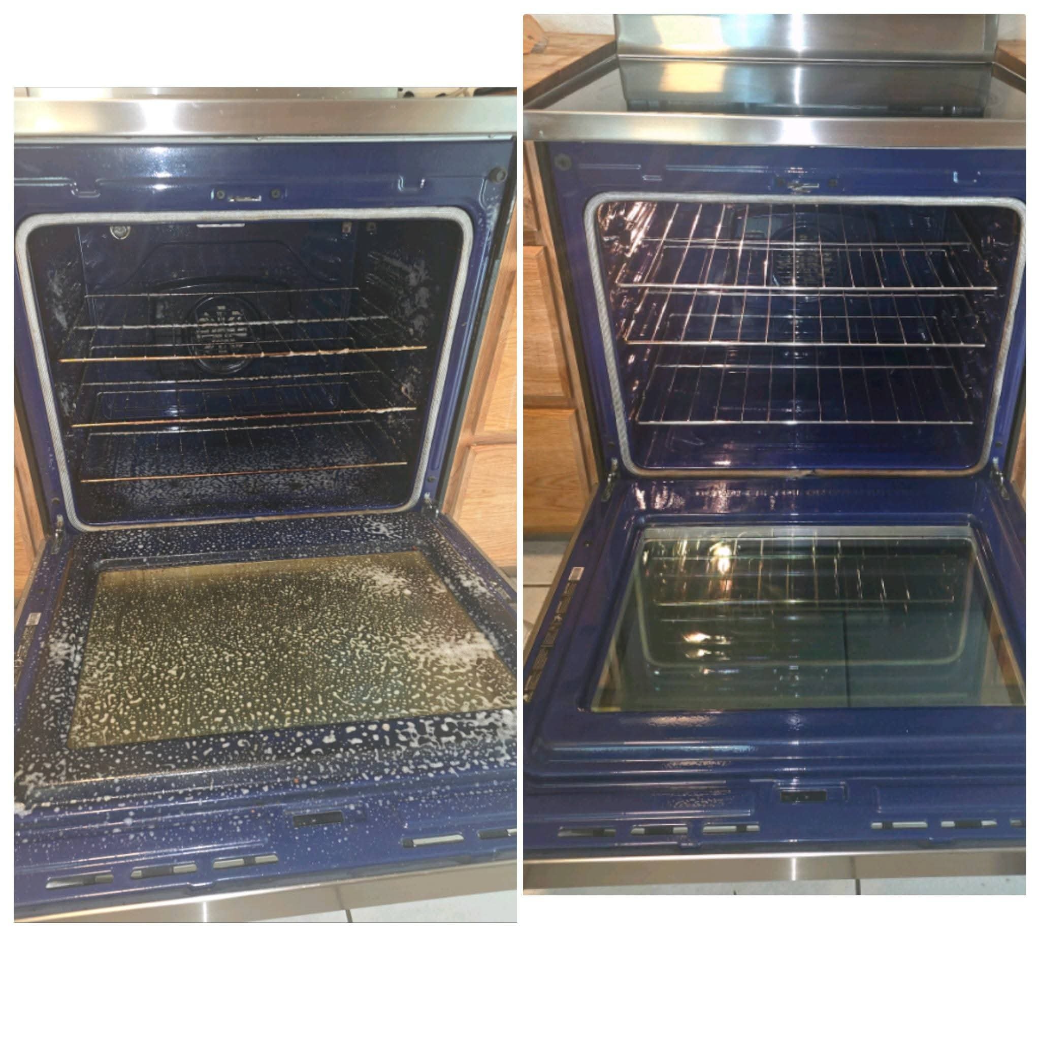 Before and after of an oven interior cleaned to a shine