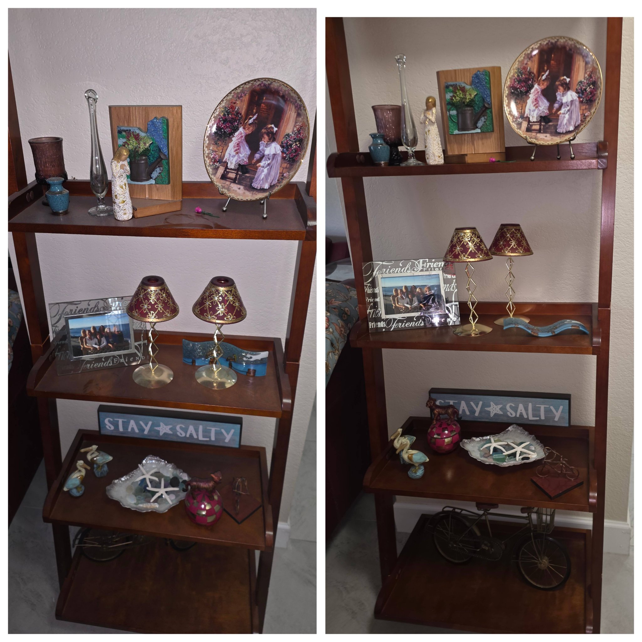 Before and after of styled bookshelves, dusted and arranged