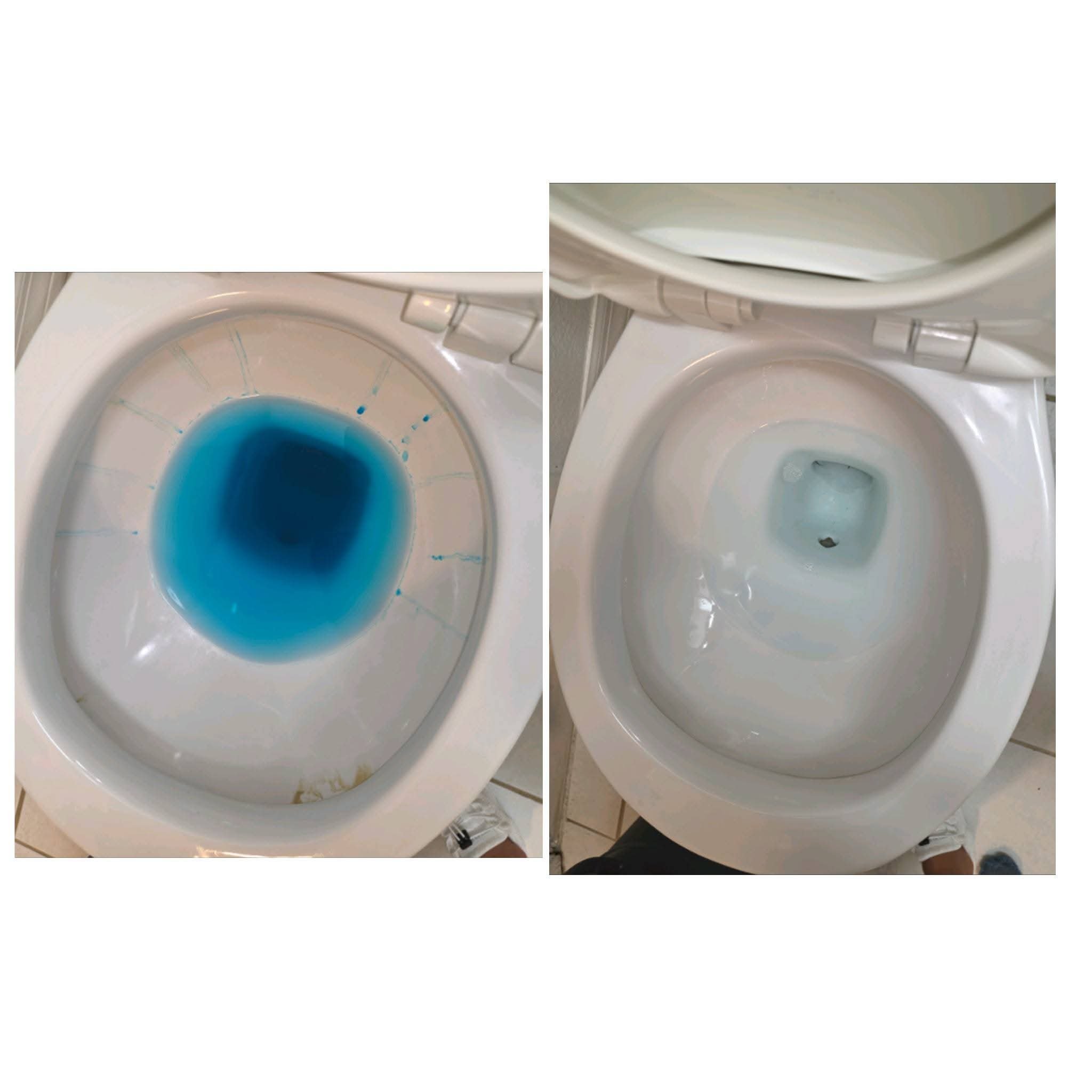 Before and after of a toilet bowl deep-cleaned to sparkling